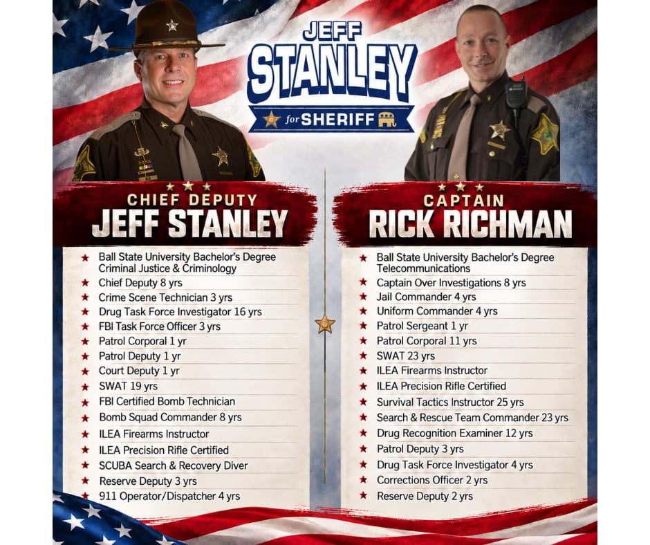 Campaign poster for Jeff Stanley for Sheriff featuring Chief Deputy Jeff Stanley and Captain Rick Richman with their professional qualifications listed.